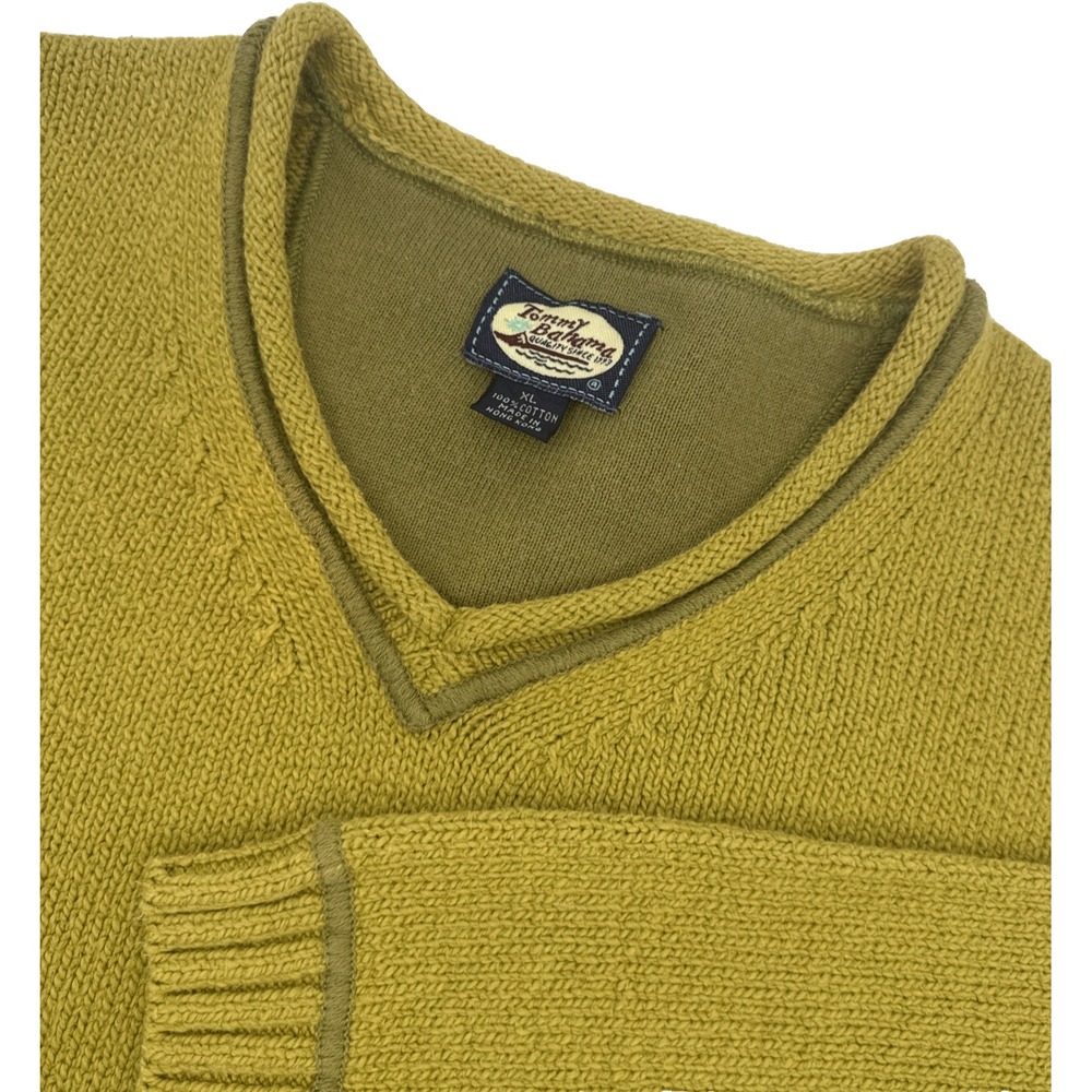 Tommy Bahama Sweater Men XL Mustard Yellow Cotton V Neck Vintage Hong Kong